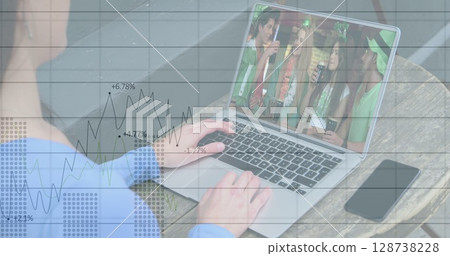 Image of data processing over businesswoman using laptop Image of data processing over businesswoman using laptop 128738228