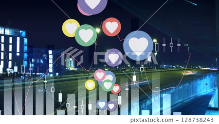 Image of falling hearts icons over night cityscape Image of falling hearts icons over night cityscape 128738243
