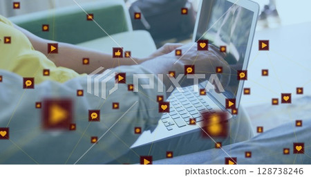 Image of covid cells floating over person washing hands 128738246