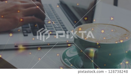 Image of network of connections with social media icons over caucasian woman using laptop 128738248