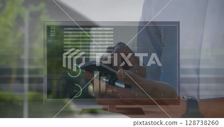 Image of data processing over caucasian businessman using smartphone 128738260