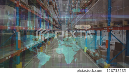 Image of world map and data processing over warehouse Image of world map and data processing over warehouse 128738285