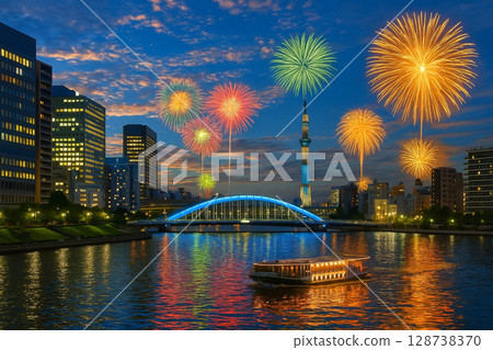 Fireworks festival: Sumida River sightseeing boat, illuminated Skytree and Eitai Bridge 128738370