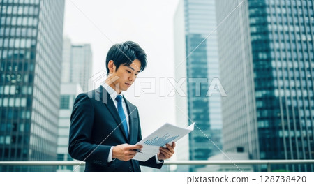 Outdoor photo of young businessman doing investment analysis 128738420
