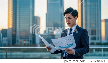 Outdoor photo of young businessman doing investment analysis 128738421