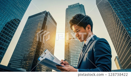 由年輕商人進行投資分析的戶外照片 128738422