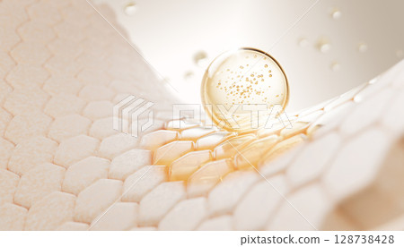 3d dry skin with oil drop texture. Epidermis surface with hexagon cell pattern, gold liquid bubble and stain of serum, collagen gel, hyaluronic essence. Cosmetic skincare background. 3D illustration 128738428