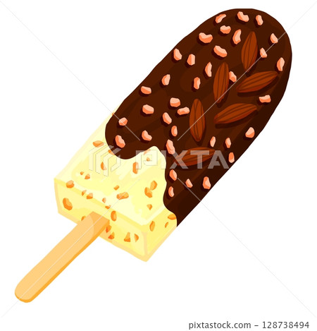 Crunchy ice bar with chocolate sauce and luxurious nuts Crunchy ice bar with chocolate sauce and luxurious nuts 128738494
