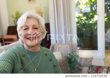 Senior woman taking selfie on sofa in bright living room, wearing green sweater and gold necklace Senior woman taking selfie on sofa in bright living room, wearing green sweater and gold necklace 128738588
