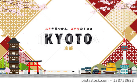 Kyoto advertising background template (white) decorated with traditional Japanese patterns and shrines 128738688