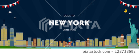 New York advertising banner background template (night) decorated with the Statue of Liberty and office buildings 128738692