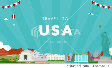 United States of America advertising background template (blue) decorated with American tourist destinations United States of America advertising background template (blue) decorated with American tourist destinations 128738693