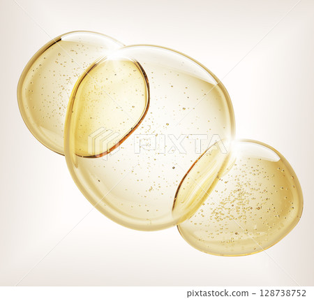 3d gold honey or argan oil drops texture. Liquid serum stain with bubbles, yellow transparent collagen gel, hyaluronic essence top view. Keratin cosmetic puddle on light background. 3D illustration 128738752