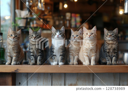Cats sitting on a wooden bar counter of a street cafe. Funny scene with cats. Cats sitting on a wooden bar counter of a street cafe. Funny scene with cats. 128738989
