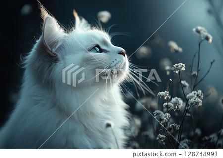 White fluffy cat looking up on blurred background with space for text. 128738991