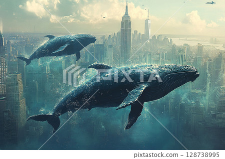 Fantasy illustration of whales swimming in the sky over a metropolis. 128738995