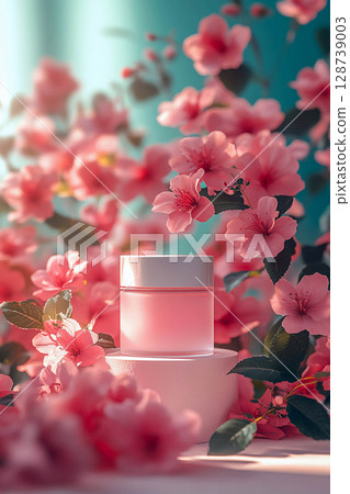 A pink cosmetic jar surrounded by many bright pink flowers. Advertising for cosmetics and beauty products. 128739003