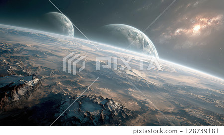 Breathtaking view of multiple Earth like planets floating in vastness of space, showcasing stunning landscapes and multiverse 128739181