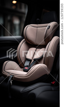 Beige car seat in vehicle, designed for comfort and safety 128739193