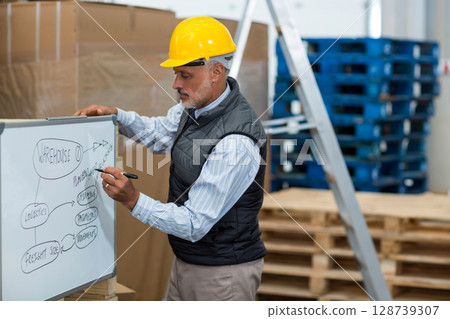 Man writing logistics flowchart on whiteboard in warehouse with pallets and ladder, copy space 128739307