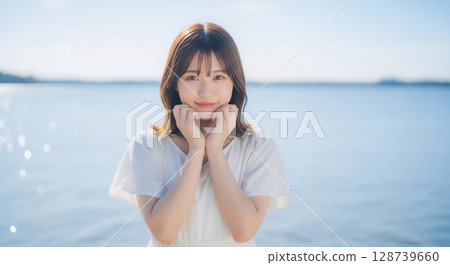 Refreshing outdoor shot of blue sky and waterside 128739660