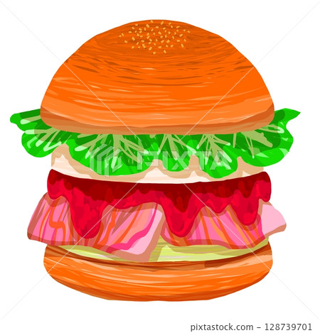 Bacon and egg burger with tomato sauce 128739701