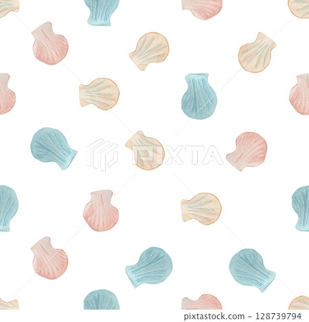 Seamless marine pattern with blue, beige and red shells. The background is hand-painted in watercolor. for the manufacture of fabrics, textiles, napkins, wrapping paper, postcards, decor, stationery 128739794