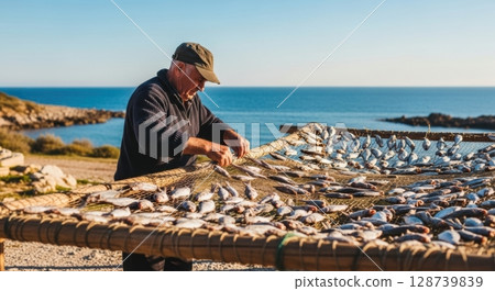 Realistic photos of fishermen drying local seafood 128739839
