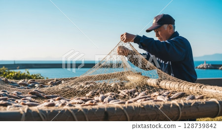 漁民曬乾當地海鮮的現實照片 128739842