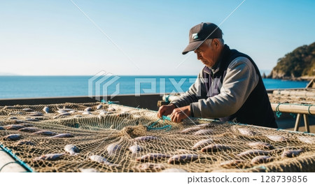 Realistic photos of fishermen drying local seafood 128739856