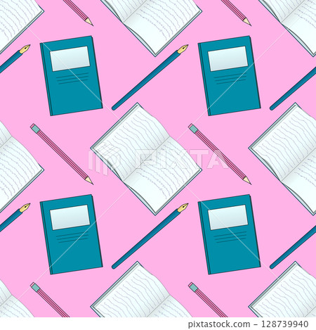 Seamless pattern with cartoon notebook, pen, and pencil flat vector illustration on pink background. For back to school theme, school supplies or stationery design, textile print, and wrapping paper. Seamless pattern with cartoon notebook, pen, and pencil flat vector illustration on pink background. For back to school theme, school supplies or stationery design, textile print, and wrapping paper. 128739940