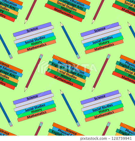 Seamless pattern with colorful flat subject book and pencil vector illustration on green background. For back to school theme, school supplies or stationery design, textile print, and wrapping paper. 128739941