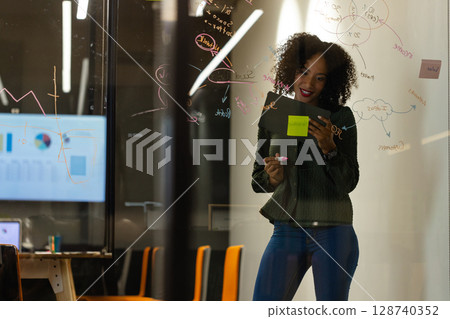 woman writing on glass wall in modern conference room with pink marker and tablet, copy space woman writing on glass wall in modern conference room with pink marker and tablet, copy space 128740352