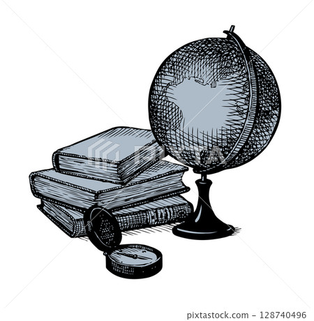 Vector still life: a globe, books, map and compass 128740496