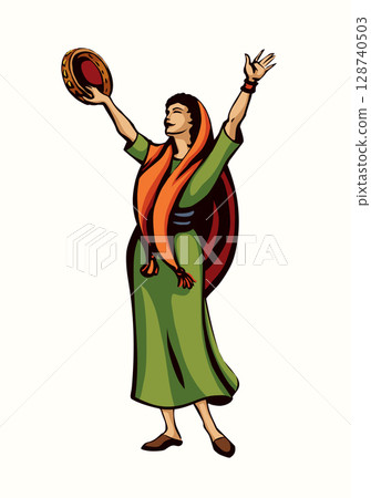 Dancing woman with a tambourine. Vector drawing Dancing woman with a tambourine. Vector drawing 128740503