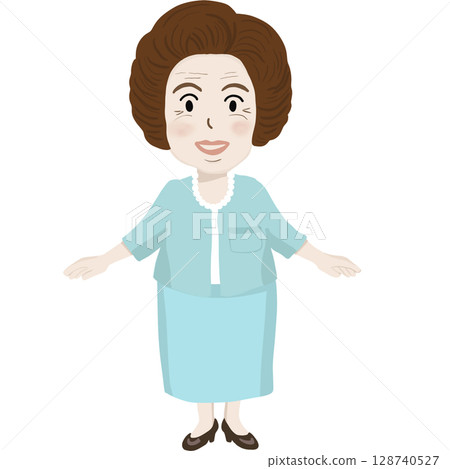 A cute cartoon illustration of an elderly woman wearing a mint outfit and spread her arms. A cute cartoon illustration of an elderly woman wearing a mint outfit and spread her arms. 128740527
