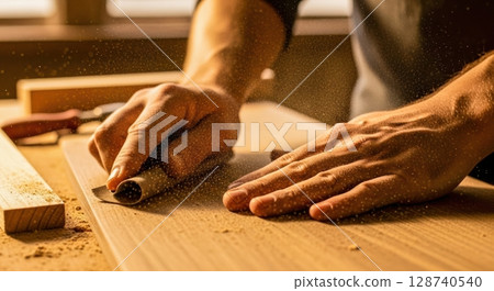 DIY scene of cutting wood with sandpaper 128740540