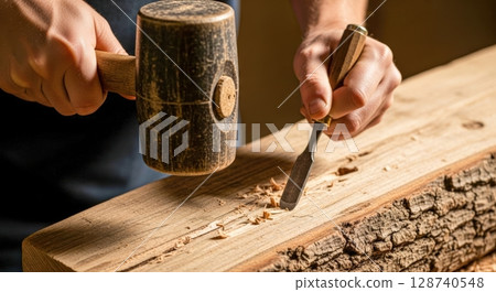 用鑿子雕刻木頭的手的特寫鏡頭 用鑿子雕刻木頭的手的特寫鏡頭 128740548