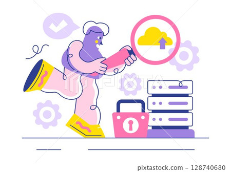 Digital Cloud Security Vector Illustration Featuring Safety and Data Protection for Networks, Internet, Hosting, and Backup Servers in a Technological Digital Cloud Security Vector Illustration Featuring Safety and Data Protection for Networks, Internet, Hosting, and Backup Servers in a Technological 128740680