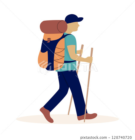 tourist with hiking sticks tourist with hiking sticks 128740720