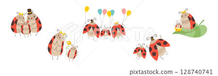 Cute Happy Ladybug Family with Cheerful Mother, Father and Their Baby Vector Set 128740741
