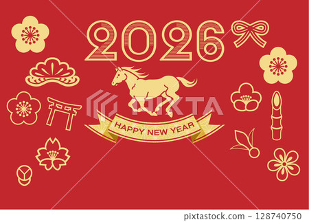 2026 年新年賀卡模板 - 紅色背景上的馬和幸運符圖標 2026 年新年賀卡模板 - 紅色背景上的馬和幸運符圖標 128740750