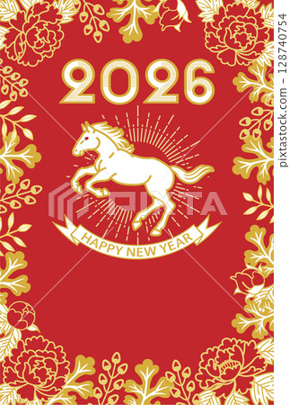 2026新年賀卡模板 - 躍馬與光環，植物裝飾框，紅色背景 128740754