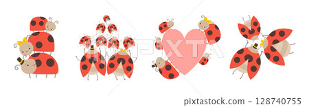 Cute Happy Ladybug Family with Cheerful Mother, Father and Their Baby Vector Set 128740755