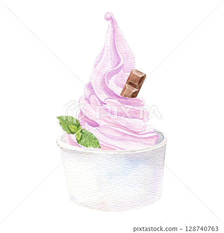 watercolor hand made iillustration wirh berries ice cream with chocolate, mint in a cup watercolor hand made iillustration wirh berries ice cream with chocolate, mint in a cup 128740763