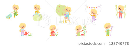 Adorable Little Girl Farmer Work in Garden Vector Set 128740778