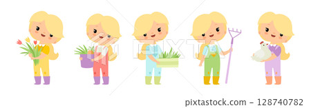 Adorable Little Girl Farmer Work in Garden Vector Set 128740782
