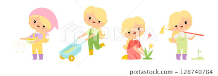 Adorable Little Girl Farmer Work in Garden Vector Set 128740784