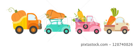 Car Full with Vegetable and Harvest Crop Vector Set Car Full with Vegetable and Harvest Crop Vector Set 128740826