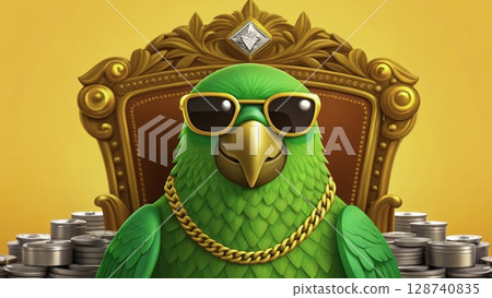 Colorful parrot with sunglasses sits on a throne surrounded by coins in a bright and vibrant setting 128740835